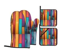 DLXW Colorful Wooden Boards Pattern Kitchen Baking Set of 4 Featuring 2 Insulated Gloves and 2 Pot lid Pads for Kitchen and Microwave