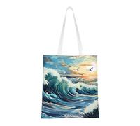 DLXW lightweight and durable recycled polyester canvas cute tote bag, tote bag, kitchen grocery bag, multi-functional portable! wave sailboat seagull shopping bag