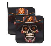DLXW Mexican Halloween Skull Printing Square Insulation Pot Mat (Two-Piece Set) for Kitchen Lid Removal, Microwave Ovens, Ovens, Featuring Side Hanging Rope