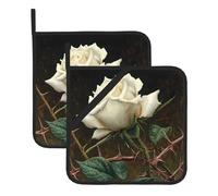 DLXW White Roses with Thorns Printing Square Insulation Pot Mat (Two-Piece Set) for Kitchen Lid Removal, Microwave Ovens, Ovens, Featuring Side Hanging Rope