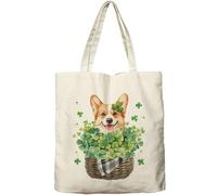 Dlzdn St Patricks Day Corgi Dog Tote Bag Reusable Shopping Grocery Bag Beach Bag Holiday Gifts for Women Teacher