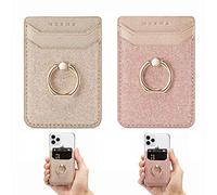 DMaos Card Holder Sleeve with Kickstand Ring for Women, 2 Pieces RFID Credit Wallet Glitter Stick On Back Grip for iPhone Samsung Smartphone - Pink + Gold