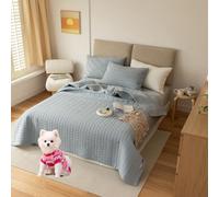 DMBAOD Queen Size Quilt Set, Four Seasons Simple Bedroom Bed in a Pocket, Bedding Set with Quilt, Sheet, Pillowcase and Pillow Case (1 Quilt and 2 Pillowcases) light blue 240x250cm