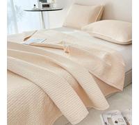 DMBAOD Quilt Set Bedspread Coverlet 3 Piece cotton Bedspread Reversible Coverlet Lightweight Solid Color Striped Quilted Quilt Bedding Set beige 230 * 240cm