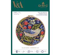 DMC Strawberry Thief Cross-Stitch Kit, Includes Six-Strand Embroidery Thread, Embroidery Needle, Blue 14ct Aida Fabric, Wooden Hoop (18cm) and Instructions