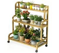 DMCHENGMA Gold Metal 3-Tier Plant Shelf - Rolling Vertical Planter Stand with Brakes, Durable Corner Flower Holder for Indoor/Outdoor Plants(50x40x107cm)