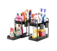DMD® | 2 Pack Under Sink Storage Kitchen Organiser, 2 Tier Under Sink Shelf with Slide Out Draw & 2 Hanging Cups Multi-Purpose Organisation for Kitchen, Bathroom, Laundry Black