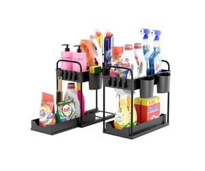 DMD Collective - 2pcs Under Sink Storage, Kitchen Organiser, 2 Tier Under Sink Shelf with Slide Out Draw & 2 Hanging Cups Multi-Purpose Storage For Kitchen, Bathroom and Laundry