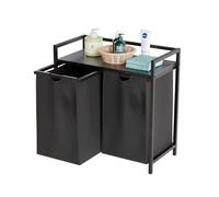 DMD® | Dirty Laundry Basket, 95L Double Pull Out Removable Bags and Wooden Shelf, 2 Compartments, Laundry Sorter for Laundry Room Bedroom Bathroom Washing Seperator (Black)