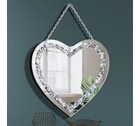 DMDFIRST Crystal Crush Diamond Heart Shaped Silver Mirror with Silver Stainless Steel Chain for Wall Decoration 12x12x0.5 inch Wall Hang Frameless Mirror Glass Diamond Decor Glam Mirror