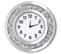 DMDFIRST Crystal Crushed Diamond Mirrored Round Wall Clock 16x16x2 inches for Wall Decoration Silver Glass Mirror Clock Sparkle Twinkle Bling Home Decor. AA Battery is not Included.
