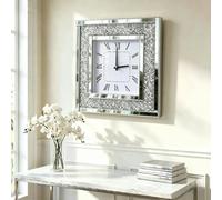 DMDFIRST Silver Square Mirror Clock 20x20inches Crystal Sparkle Twinkle Bling Crushed Diamond Mirrored Large Wall Clock for Wall Decoration Silver Glass Mirror Home Décor. AA Battery is not Included.