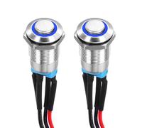 DMiotech 1/2 Inch Stainless Steel Latching Push Button Switch Domed Head 3A 12-24V Silver Shell with Pre-soldered Blue LED Ring Light 1NO, 2Pcs