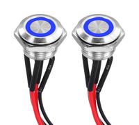DMiotech 16mm / 5/8" Stainless Steel Momentary Push Button Switch Flat Head 3A 12-24V Silver Shell with Pre-soldered Blue LED Ring Light 1NO, 2Pcs