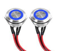 DMiotech 19mm / 3/4" Stainless Steel Momentary Push Button Switch Flat Head 3A 12-24V Silver Shell with Pre-soldered Blue LED Ring Light 1NO, 2Pcs
