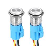 DMiotech 2 Pack 16mm / 5/8" Stainless Steel Latching Push Button Switch Flat Head 5A 12-24V Silver Shell 5 Pin with Cable Socket White Ring LED 1NO1NC for Car Boat Systems Custom Setups