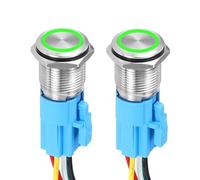 DMiotech 2 Pack 16mm / 5/8" Stainless Steel Latching Push Button Switch Flat Head 5A 12-24V Silver Shell 5 Pin with Cable Socket Green Ring LED 1NO1NC for Car Boat Systems Custom Setups