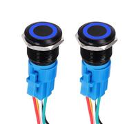 DMiotech 2 Pack 19mm / 3/4" Aluminium Alloy Latching Push Button Switch Flat Head 3A 12-24V Black Shell 5 Pin with Cable Socket Blue Ring LED 1NO1NC for Car Boat Systems Custom Setups