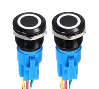 DMiotech 2 Pack 19mm / 3/4" Aluminium Alloy Latching Push Button Switch Flat Head 3A 12-24V Black Shell 5 Pin with Cable Socket White Ring LED 1NO1NC for Car Boat Systems Custom Setups