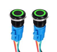 DMiotech 2 Pack 19mm / 3/4" Aluminium Alloy Latching Push Button Switch Flat Head 3A 12-24V Black Shell 5 Pin with Cable Socket Green Ring LED 1NO1NC for Car Boat Systems Custom Setups