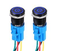 DMiotech 2 Pack 19mm / 3/4" Aluminium Alloy Latching Push Button Switch Flat Head 3A 12-24V Black Shell 5 Pin with Cable Socket Blue Switch LED 1NO1NC for Car Boat Systems Custom Setups