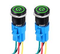 DMiotech 2 Pack 19mm / 3/4" Aluminium Alloy Momentary Push Button Switch Flat Head 3A 12-24V Black Shell 5 Pin with Cable Socket Green Switch LED 1NO1NC for Car Boat Systems Custom Setups