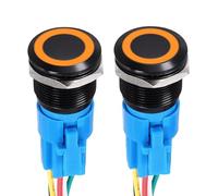 DMiotech 2 Pack 19mm / 3/4" Aluminium Alloy Momentary Push Button Switch Flat Head 3A 12-24V Black Shell 5 Pin with Cable Socket Orange Ring LED 1NO1NC for Car Boat Systems Custom Setups