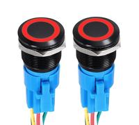 DMiotech 2 Pack 19mm / 3/4" Aluminium Alloy Momentary Push Button Switch Flat Head 3A 12-24V Black Shell 5 Pin with Cable Socket Red Ring LED 1NO1NC for Car Boat Systems Custom Setups