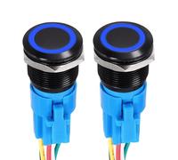 DMiotech 2 Pack 19mm / 3/4" Aluminium Alloy Momentary Push Button Switch Flat Head 3A 12-24V Black Shell 5 Pin with Cable Socket Blue Ring LED 1NO1NC for Car Boat Systems Custom Setups