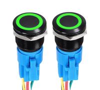 DMiotech 2 Pack 19mm / 3/4" Aluminium Alloy Momentary Push Button Switch Flat Head 3A 12-24V Black Shell 5 Pin with Cable Socket Green Ring LED 1NO1NC for Car Boat Systems Custom Setups