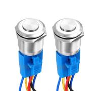 DMiotech 2 Pack 7/8 Inch Stainless Steel Latching Push Button Switch Domed Head 5A 12-24V Silver Shell 6 Pin with Cable Socket White Ring LED 1NO1NC for Car Boat Systems Custom Setups