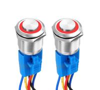 DMiotech 2 Pack 7/8 Inch Stainless Steel Latching Push Button Switch Domed Head 5A 12-24V Silver Shell 6 Pin with Cable Socket Red Ring LED 1NO1NC for Car Boat Systems Custom Setups
