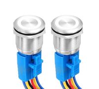 DMiotech 2 Pack 7/8 Inch Stainless Steel Latching Push Button Switch Flat Head 5A 12-24V Silver Shell 6 Pin with Cable Socket White Ring LED 1NO1NC for Car Boat Systems Custom Setups