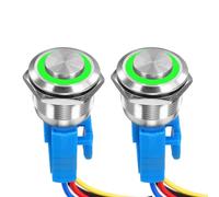 DMiotech 2 Pack 7/8 Inch Stainless Steel Momentary Push Button Switch Domed Head 5A 110-220V Silver Shell with Cable Socket Green LED 1NO1NC for Car Boat Systems Custom Setups