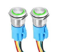 DMiotech 2 Pack 7/8 Inch Stainless Steel Momentary Push Button Switch Domed Head 5A 12-24V Silver Shell 6 Pin with Cable Socket Green Ring LED 1NO1NC for Car Boat Systems Custom Setups