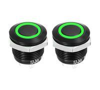 DMiotech 2 Pcs 12mm Push Button Switch, IP66 1NO 12-24V 3A Momentary Latching Push Button Starter Light Switch Self-reset with Green Round, Aluminum Alloy Flat Head Black