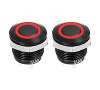 DMiotech 2 Pcs 12mm Push Button Switch, IP66 1NO 12-24V 3A Momentary Latching Push Button Starter Light Switch Self-reset with Red Light Round, Aluminum Alloy Flat Head Black