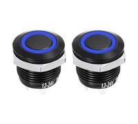 DMiotech 2 Pcs 16mm / 5/8" Push Button Switch, IP66 1NO 12-24V 3A Momentary Latching Push Button Starter Light Switch Self-reset with Blue Light Round, Aluminum Alloy Flat Head Black