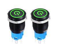 DMiotech 2 Pcs 16mm / 5/8" Push Button Switch, IP66 1NO1NC 12-24V 3A Momentary Latching Push Button Starter Light Switch Self-reset with Green Switch, Aluminum Alloy Flat Head Black