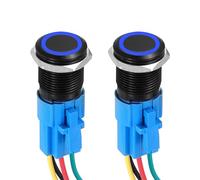 DMiotech 2 Pcs 16mm / 5/8" Push Button Switch, IP66 1NO1NC 12-24V 3A Momentary Latching Push Button Starter Light Switch Self-locking with Blue Light Round, Aluminum Alloy Flat Head Black
