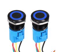 DMiotech 2 Pcs 22mm / 7/8" Push Button Switch, IP66 1NO1NC 12-24V 3A Momentary Latching Push Button Starter Light Switch Self-reset with Blue Light Round, Aluminum Alloy Flat Head Black