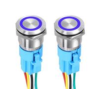 DMiotech 2Pcs 19mm / 3/4" Push Button Switch, IP65 1NO1NC 12-24V 5A Momentary Latching Push Button Starter Light Switch Self-locking with Blue Light Round, Stainless Steel Flat Head Silver
