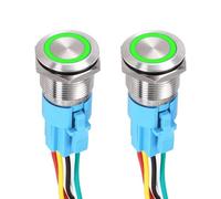 DMiotech 2Pcs 19mm / 3/4" Push Button Switch, IP65 1NO1NC 12-24V 5A Momentary Latching Push Button Starter Light Switch Self-reset with Green Round, Stainless Steel Flat Head Silver