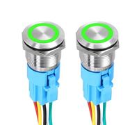 DMiotech 2Pcs 19mm / 3/4" Push Button Switch, IP65 1NO1NC 12-24V 5A Momentary Latching Push Button Starter Light Switch Self-locking with Green Round, Stainless Steel Flat Head Silver