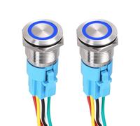DMiotech 2Pcs 19mm / 3/4" Push Button Switch, IP65 1NO1NC 12-24V 5A Momentary Latching Push Button Starter Light Switch Self-reset with Blue Light Round, Stainless Steel Flat Head Silver