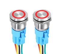 DMiotech 2Pcs 19mm / 3/4" Push Button Switch, IP65 1NO1NC 12-24V 5A Momentary Latching Push Button Starter Light Switch Self-locking with Red Light Round, Stainless Steel Flat Head Silver