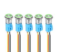 DMiotech 5 Pack 16mm / 5/8" Stainless Steel Latching Push Button Switch Flat Head 5A 12-24V Silver Shell 5 Pin with Cable Socket Green Ring LED 1NO1NC for Car Boat Systems Custom Setups