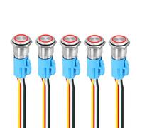 DMiotech 5 Pack 16mm / 5/8" Stainless Steel Latching Push Button Switch Flat Head 5A 12-24V Silver Shell 5 Pin with Cable Socket Red Ring LED 1NO1NC for Car Boat Systems Custom Setups