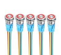 DMiotech 5Pcs 19mm / 3/4" Push Button Switch, IP65 1NO1NC 12-24V 5A Momentary Latching Push Button Starter Light Switch Self-locking with Red Light Round, Stainless Steel Flat Head Silver
