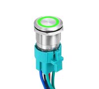 DMiotech 7/8 Inch Stainless Steel Latching Push Button Switch Flat Head 15A 110-220V Silver Shell 6 Pin with Cable Socket Green Ring LED 2NO for Car Boat Systems Custom Setups